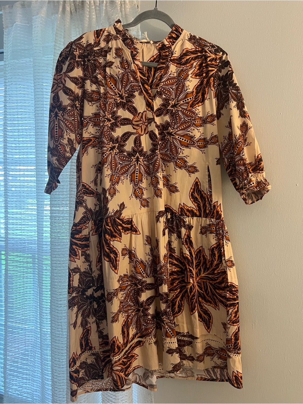 Women's Cream Floral Long Sleeve Dress with Brown Accents